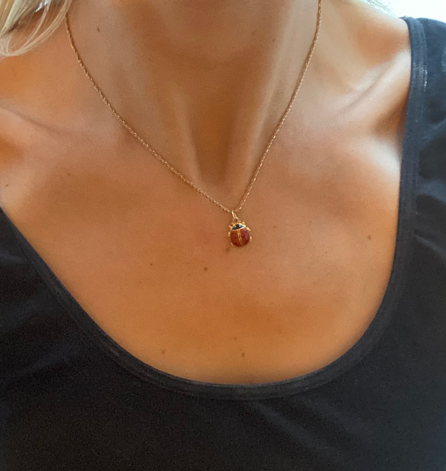 Vintage, 14ct Gold and Enamel, Lucky Ladybird / Ladybug slider Charm/Pendant with Hidden 'Good Luck' message