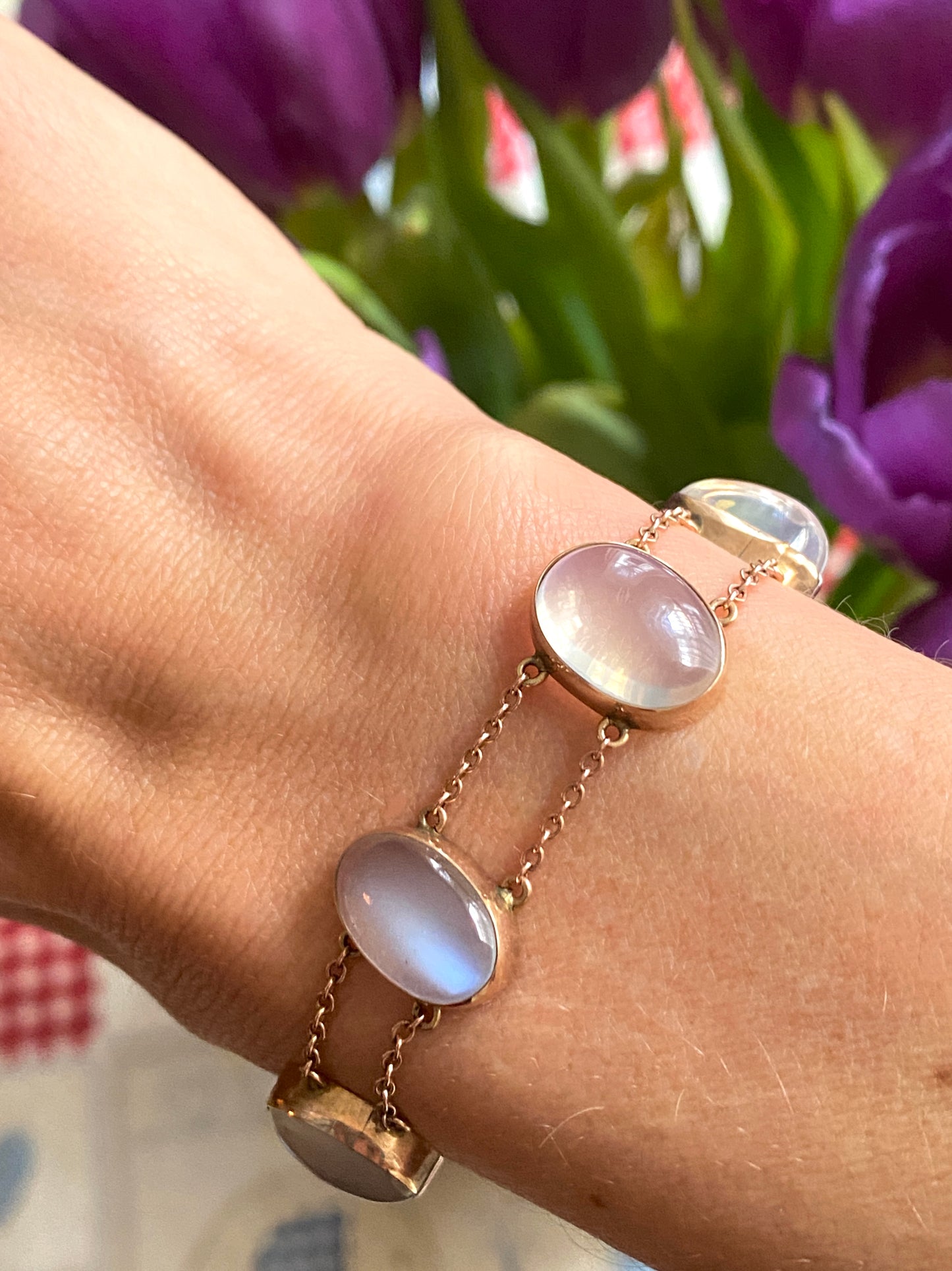 Rare, Antique Victorian 9ct Rose Gold Moonstone Bracelet
