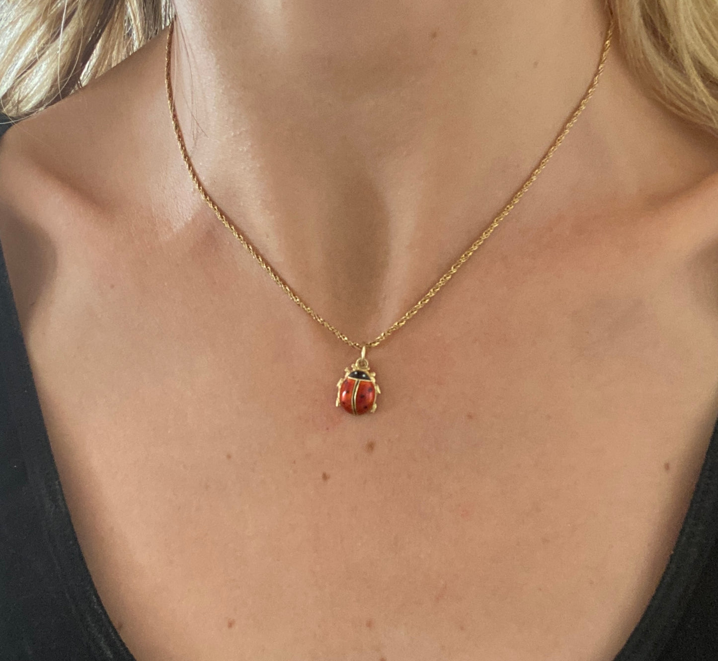 Vintage, 14ct Gold and Enamel, Lucky Ladybird / Ladybug slider Charm/Pendant with Hidden 'Good Luck' message