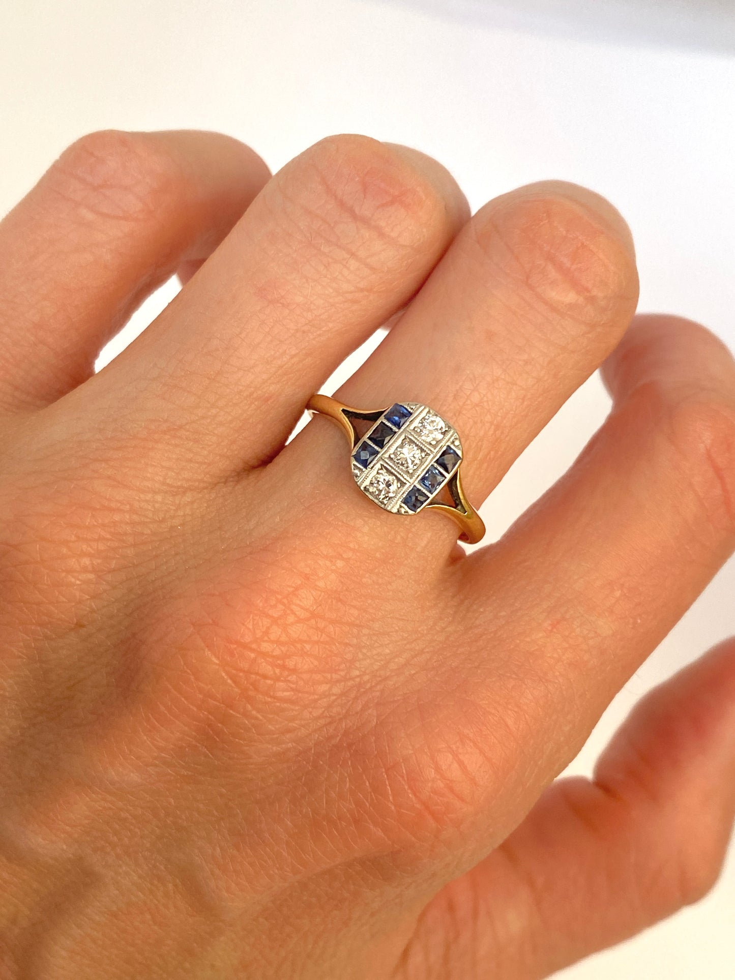 Antique, Art Deco, 18ct Gold and Platinum, Sapphire and Diamond Ring