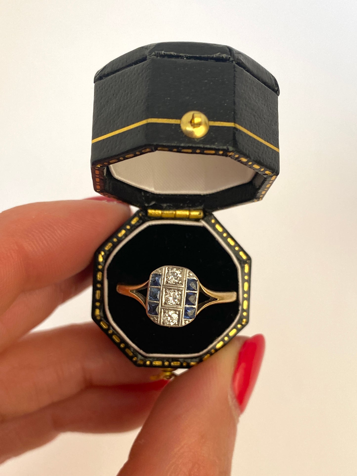 Antique, Art Deco, 18ct Gold and Platinum, Sapphire and Diamond Ring