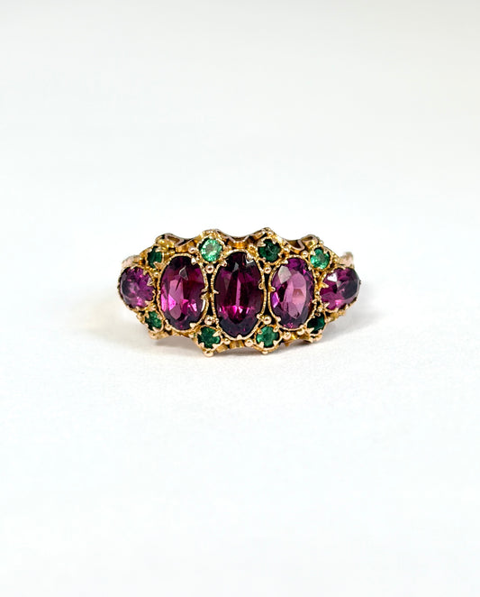 Victorian, 15ct Gold Almandine Garnet and Emerald Ring, Hallmarked 15ct Gold, Birmingham 1899