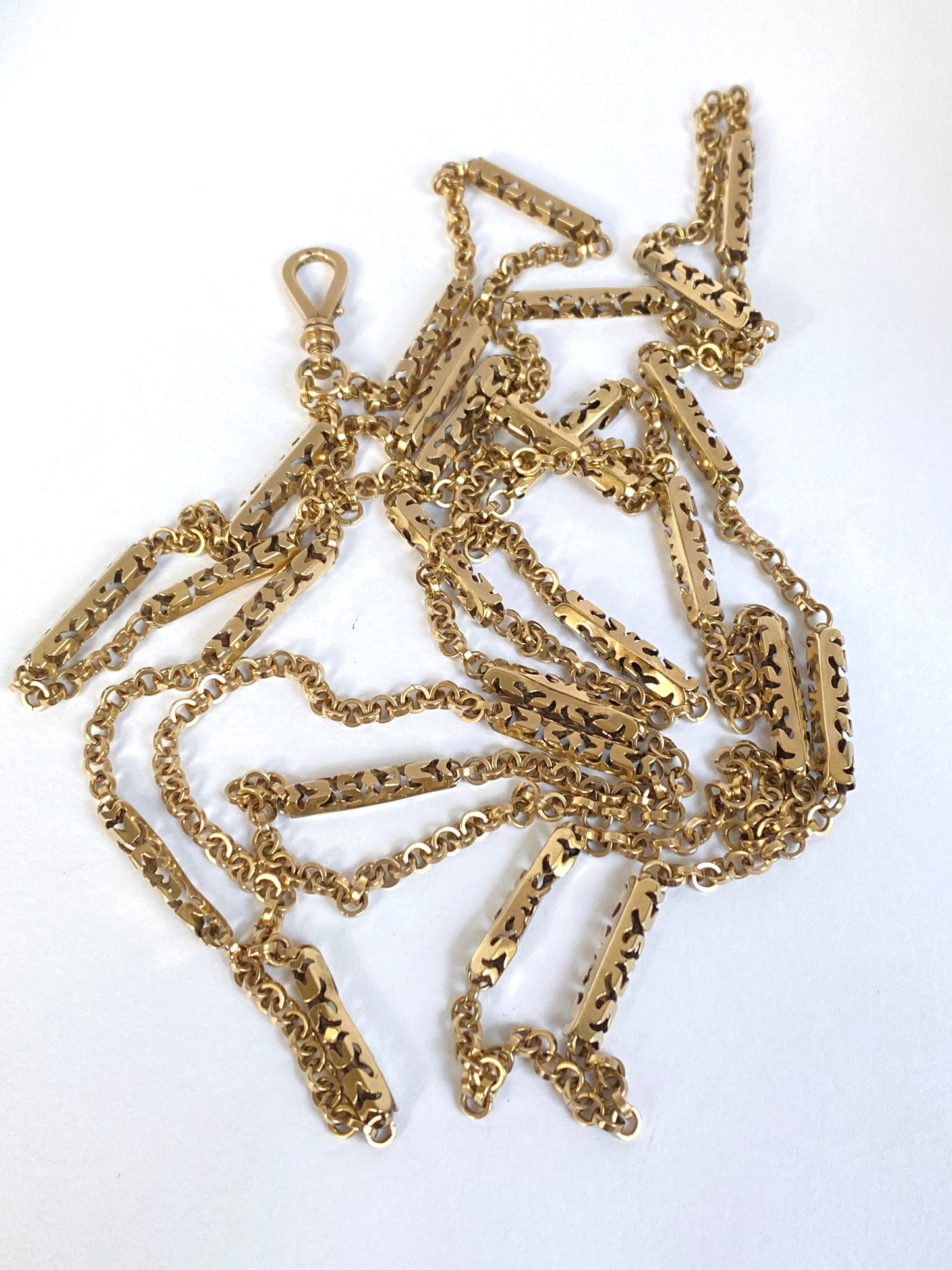 Alex 1st payment 50 inch, Antique, 9ct Gold Long Guard Chain with Swivel Dog Clip  21.77g