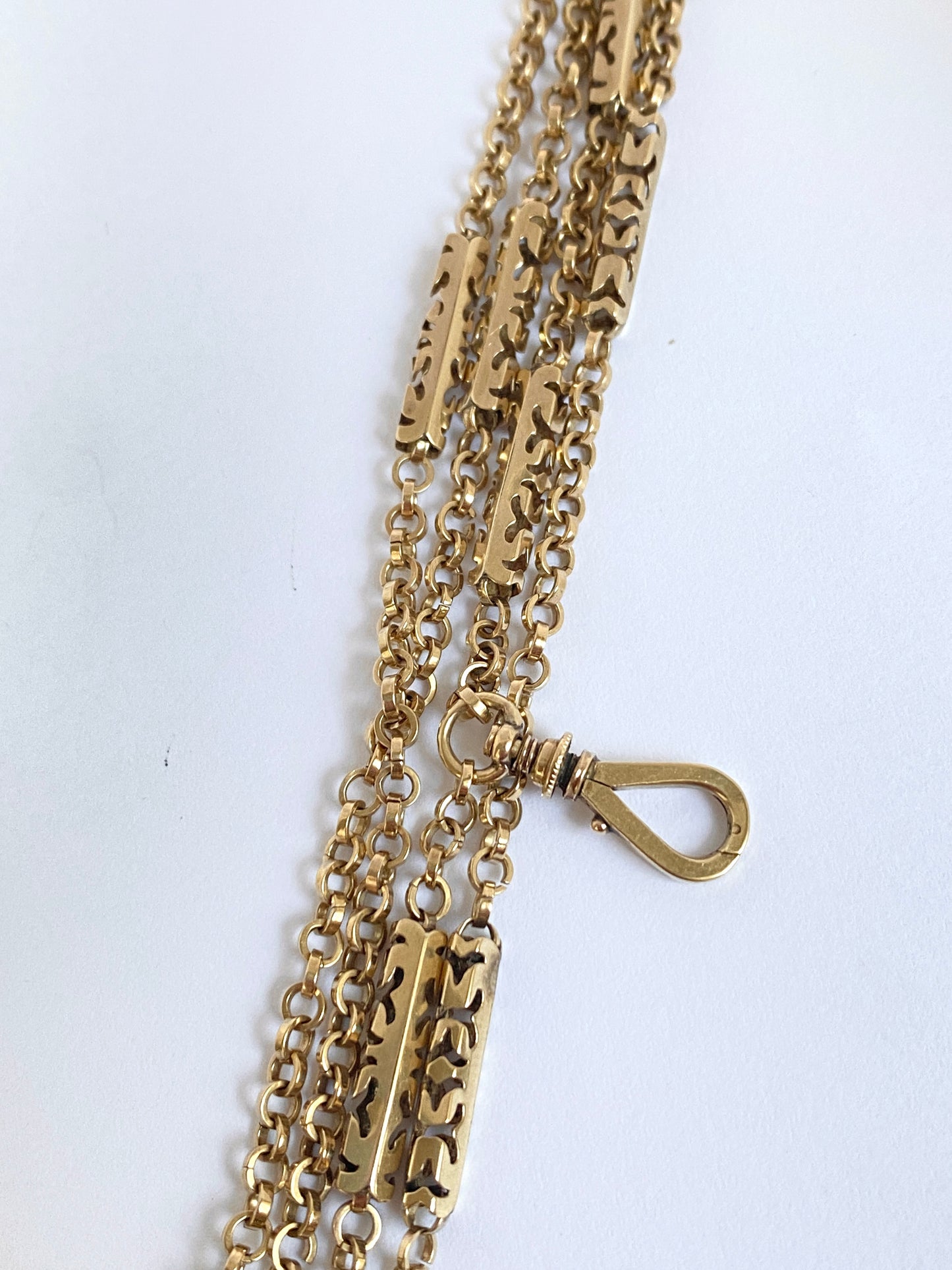 Alex 1st payment 50 inch, Antique, 9ct Gold Long Guard Chain with Swivel Dog Clip  21.77g