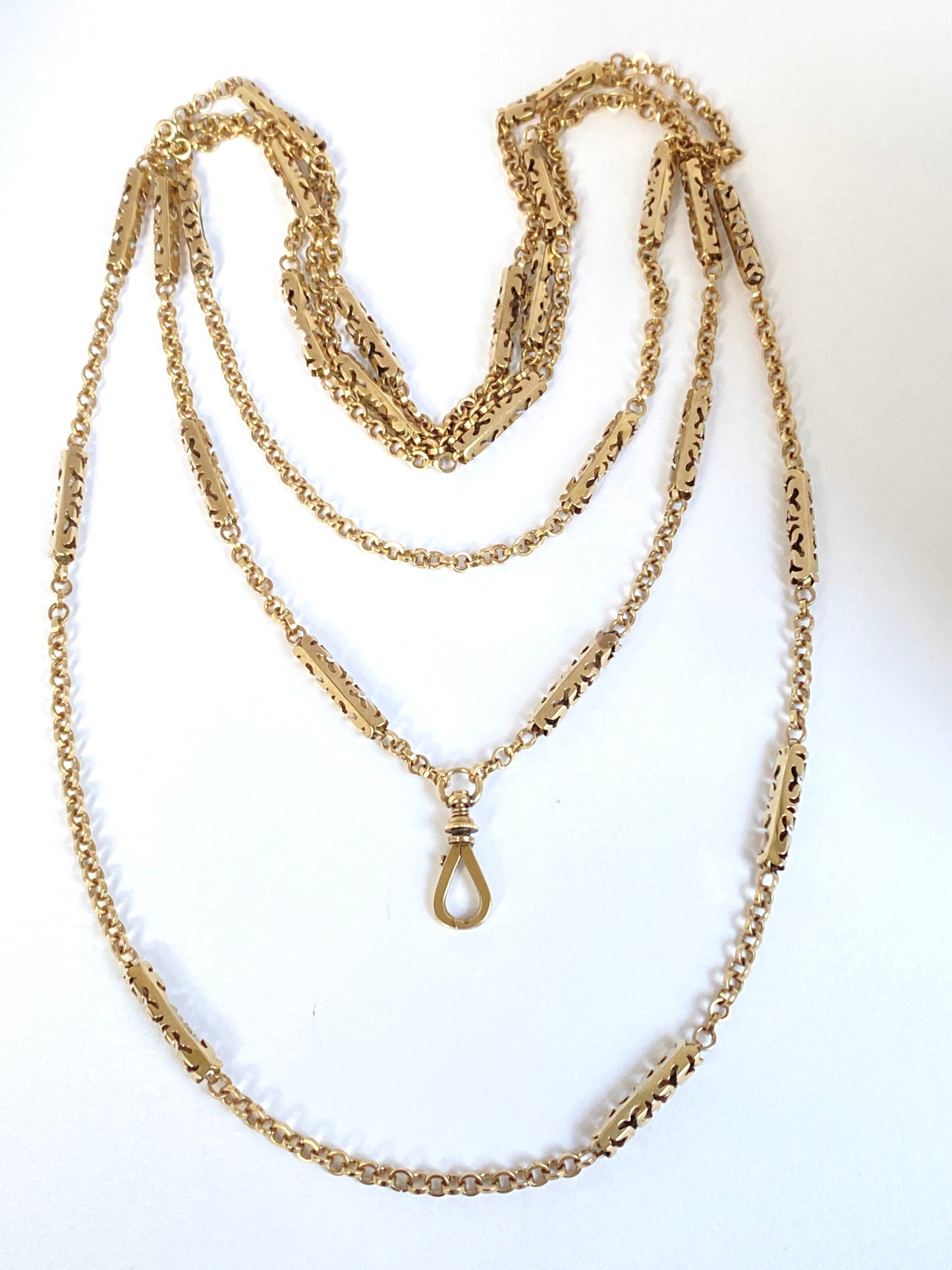 Alex 1st payment 50 inch, Antique, 9ct Gold Long Guard Chain with Swivel Dog Clip  21.77g