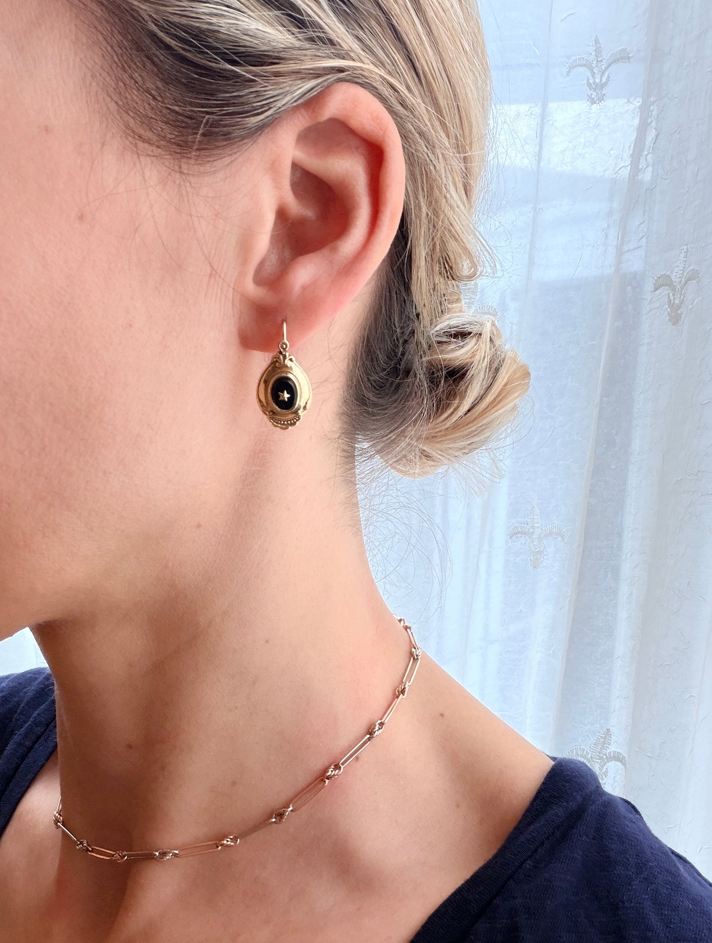 German, 8ct Gold, Art Deco Dormeuse Onyx Star earrings