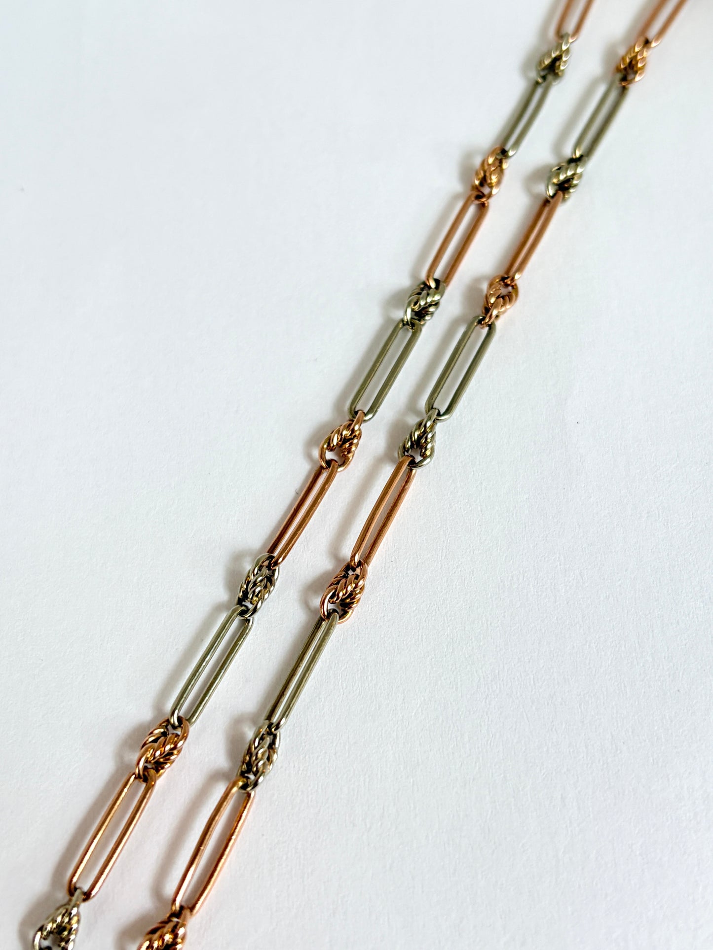 Vintage, 9ct Gold Bi-coloured paperclip watch chain with dog clip and T bar, 14.5 inches, 9.65g