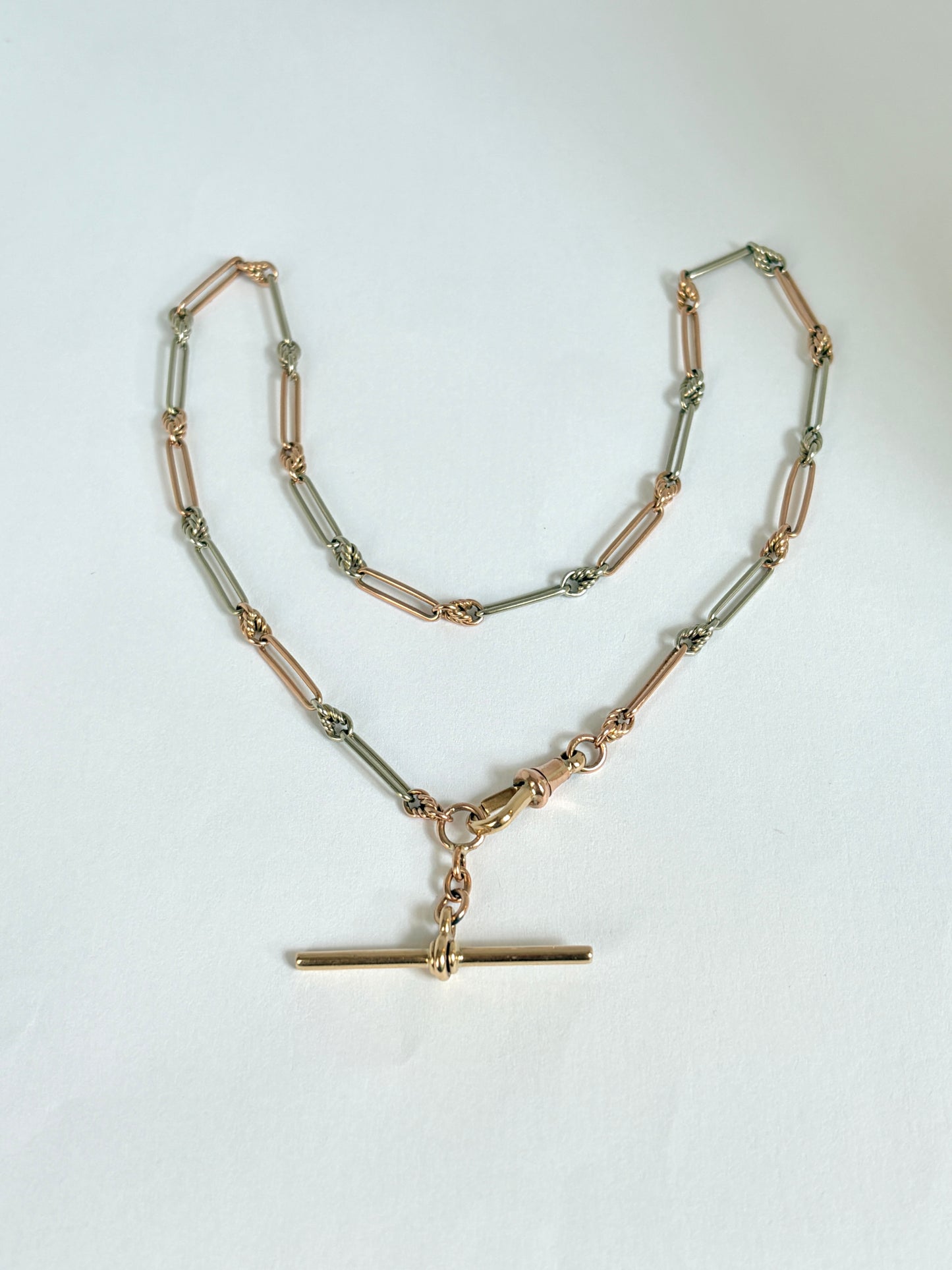 Vintage, 9ct Gold Bi-coloured paperclip watch chain with dog clip and T bar, 14.5 inches, 9.65g