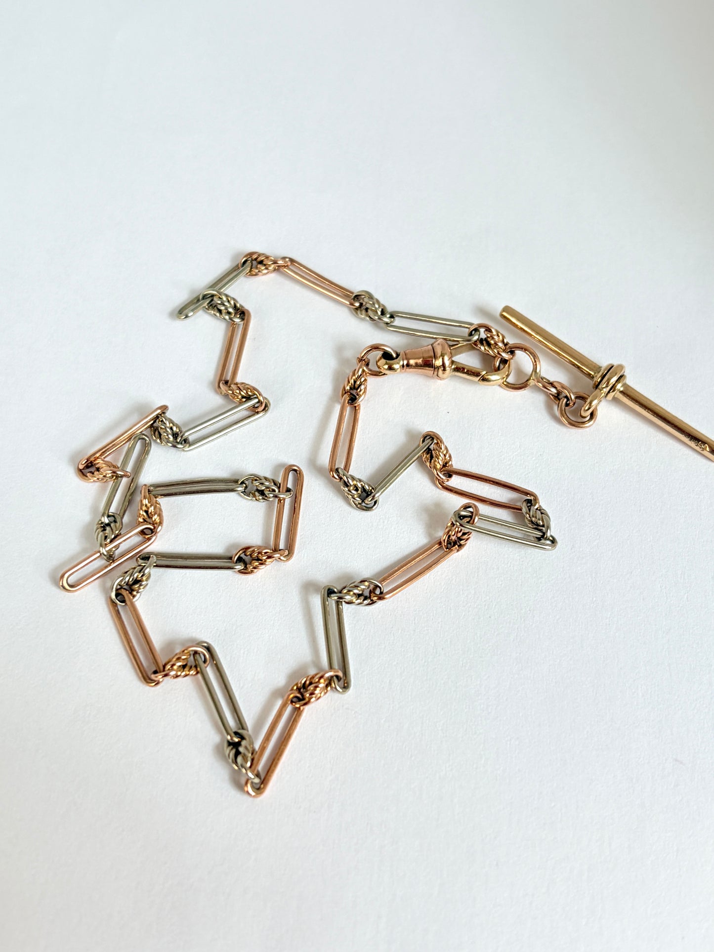 Vintage, 9ct Gold Bi-coloured paperclip watch chain with dog clip and T bar, 14.5 inches, 9.65g
