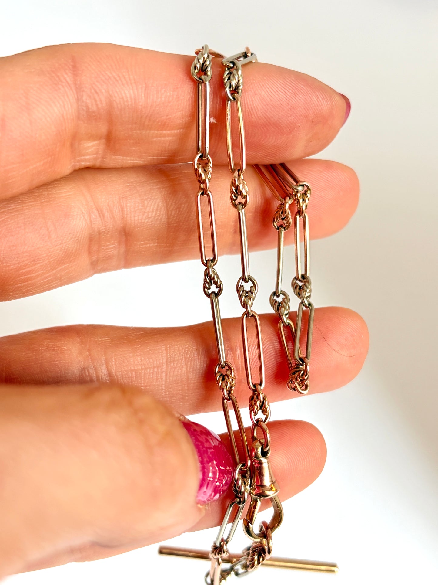 Vintage, 9ct Gold Bi-coloured paperclip watch chain with dog clip and T bar, 14.5 inches, 9.65g