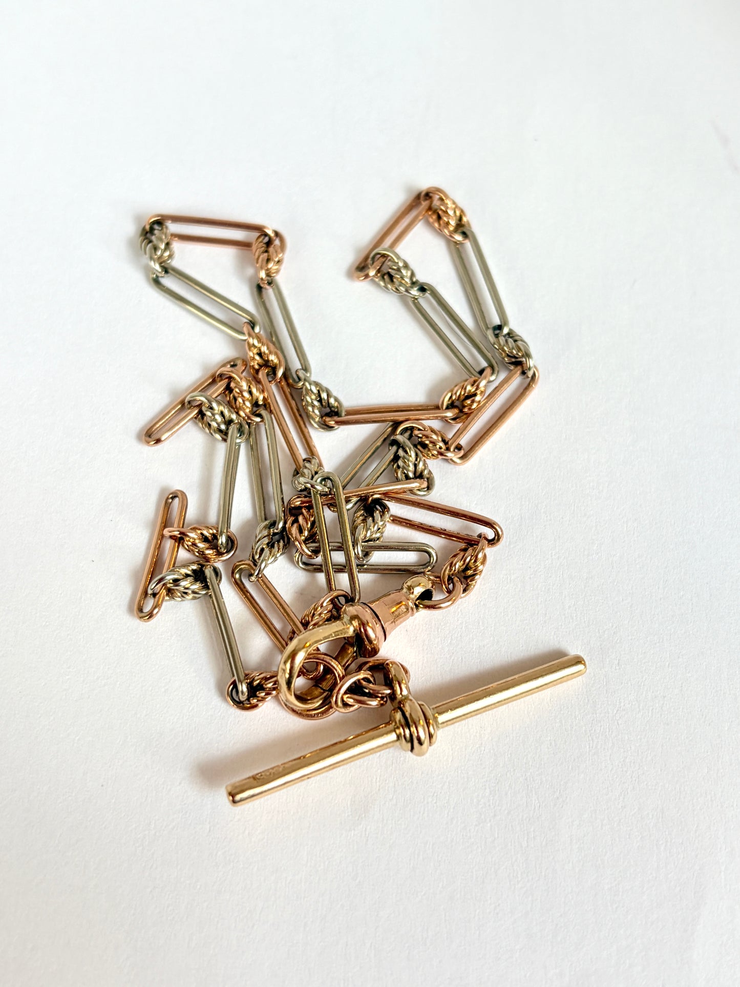 Vintage, 9ct Gold Bi-coloured paperclip watch chain with dog clip and T bar, 14.5 inches, 9.65g