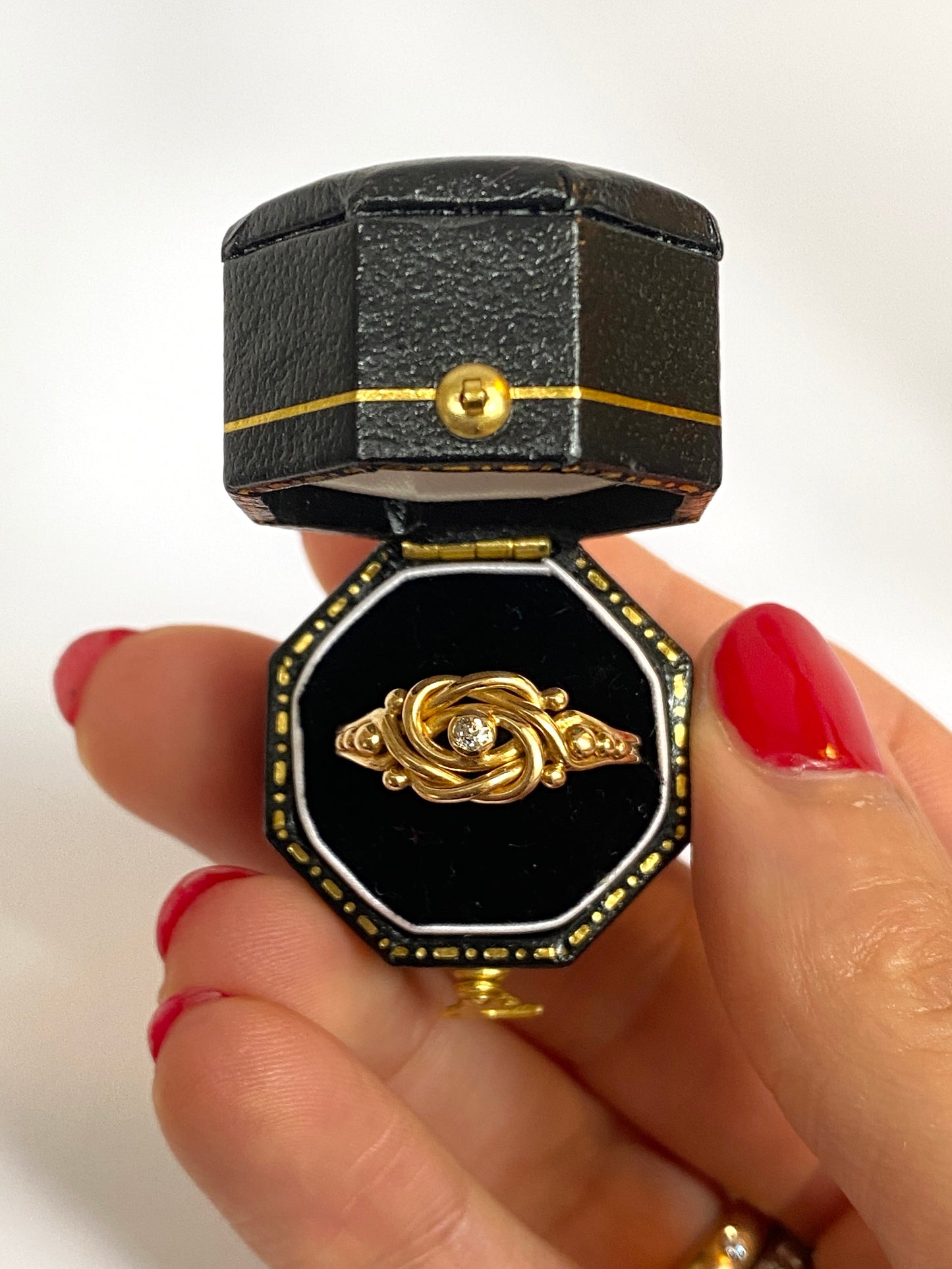 Antique, 18ct Gold Lovers Knot Ring with Diamond, Hallmarked 18ct Gold, Birmingham and 1896