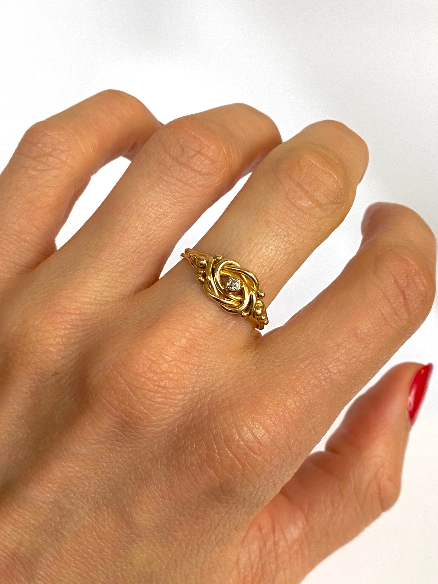 Antique, 18ct Gold Lovers Knot Ring with Diamond, Hallmarked 18ct Gold, Birmingham and 1896