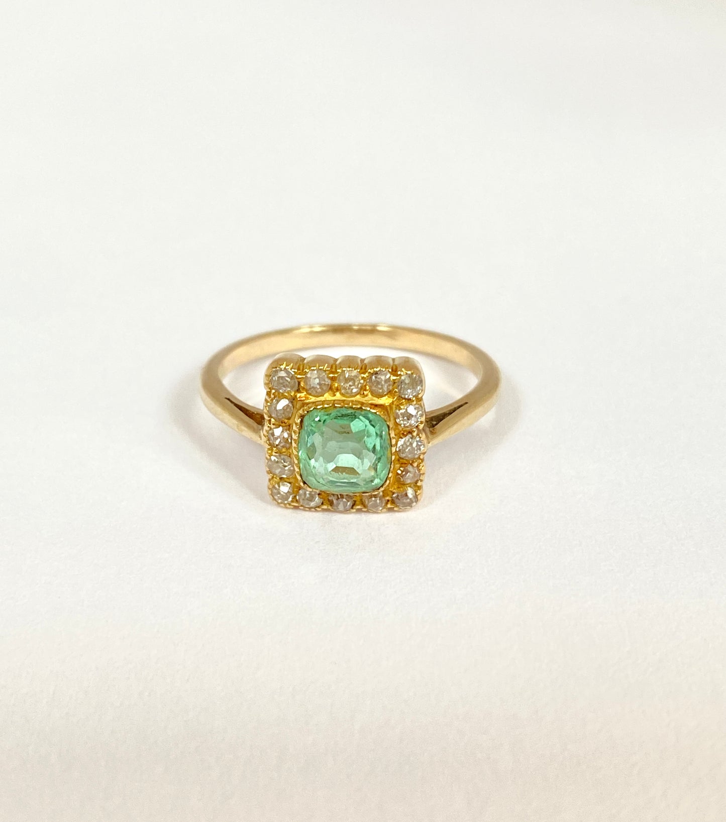 Antique, Art Deco (1930s), 18ct Gold, Emerald and Diamond Square Ring.