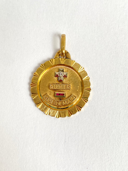 Vintage, 18ct Gold, Ruby French Augis Love Pendant, 'Qu'hier - Que demain'