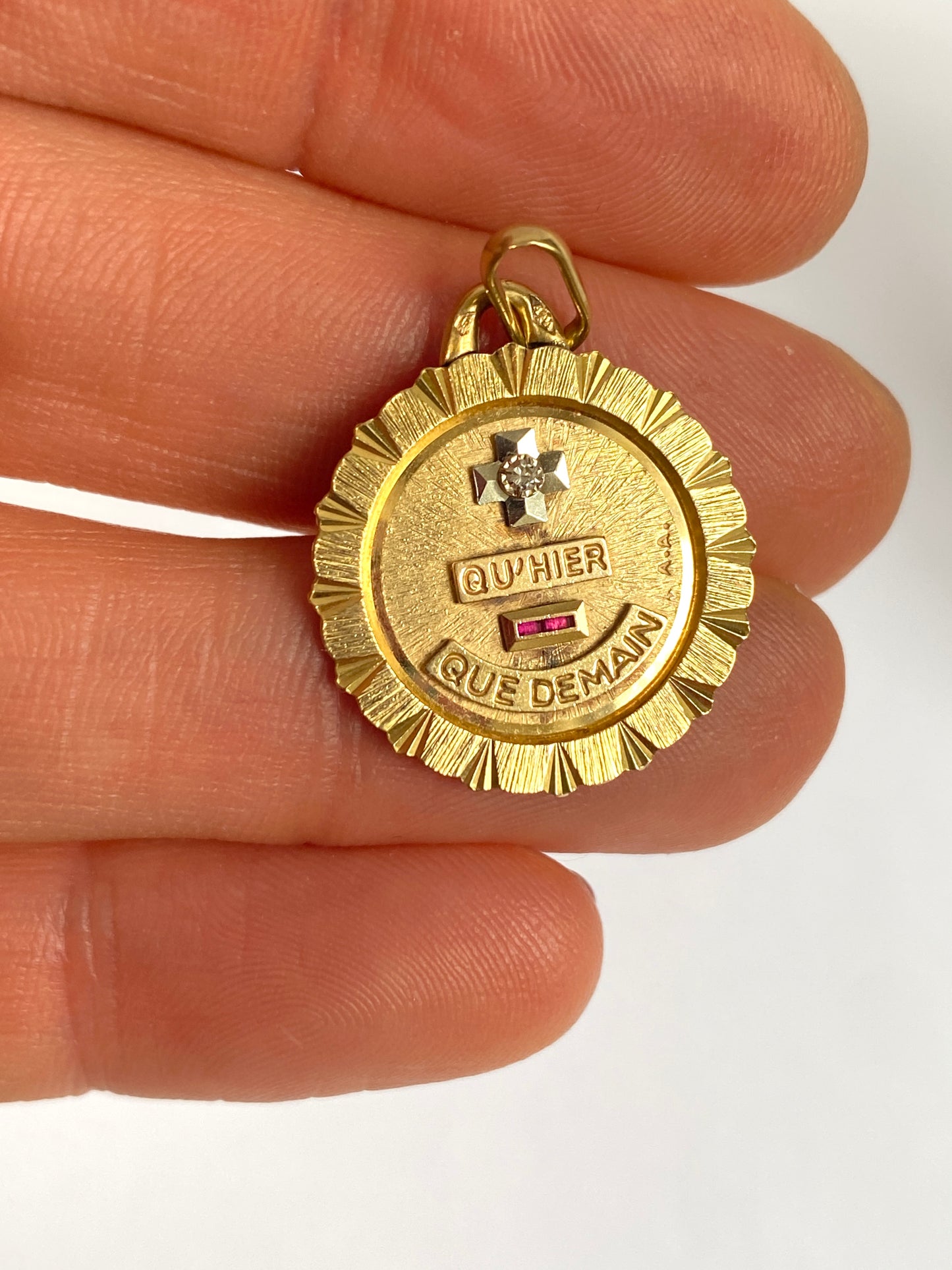 Vintage, 18ct Gold, Ruby French Augis Love Pendant, 'Qu'hier - Que demain'