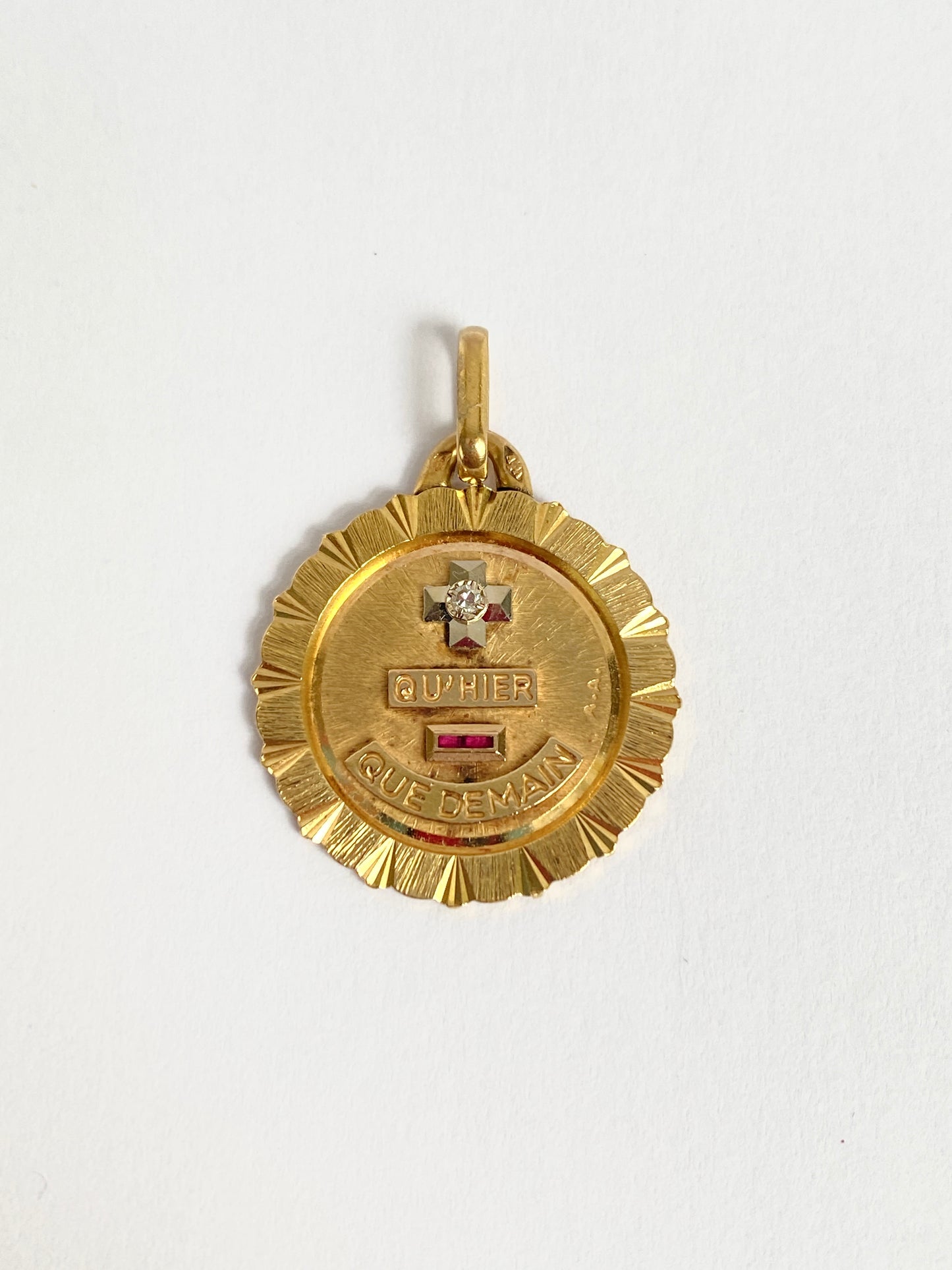 Vintage, 18ct Gold, Ruby French Augis Love Pendant, 'Qu'hier - Que demain'