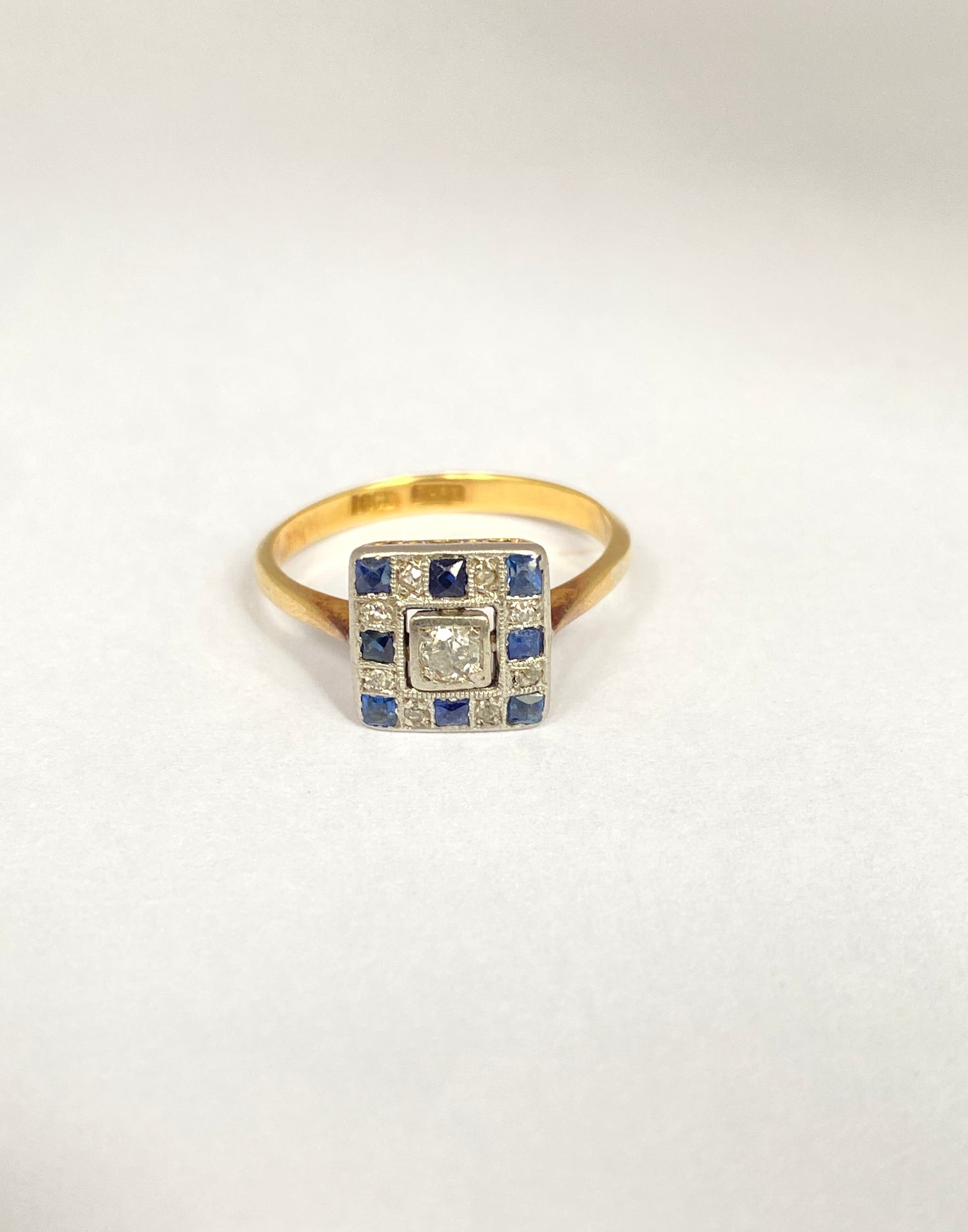 Art Deco 18ct Gold, Sapphire & Diamond Square Checkerboard Ring