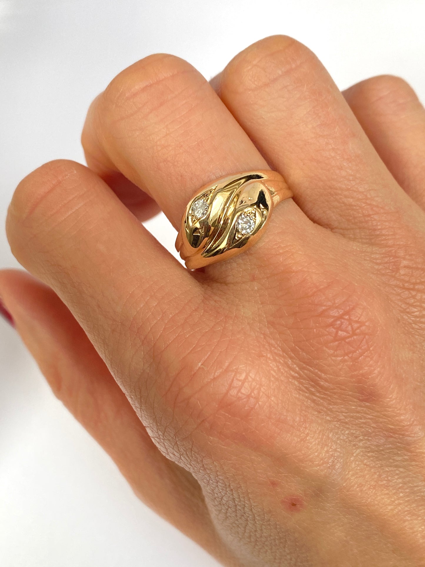 9ct Gold Vintage 9ct Gold, Double Diamond Double Snake Ring, Hallmarked London, 1960