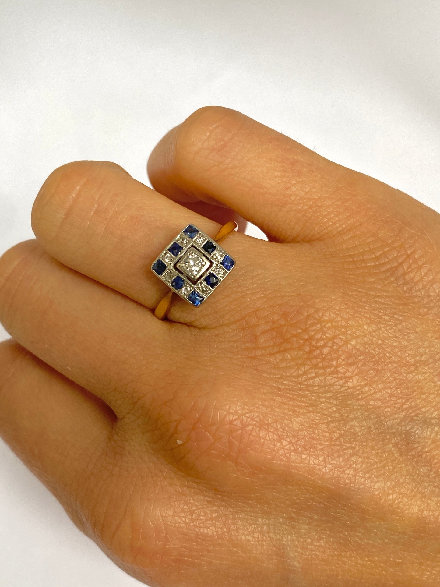 Art Deco 18ct Gold, Sapphire & Diamond Square Checkerboard Ring