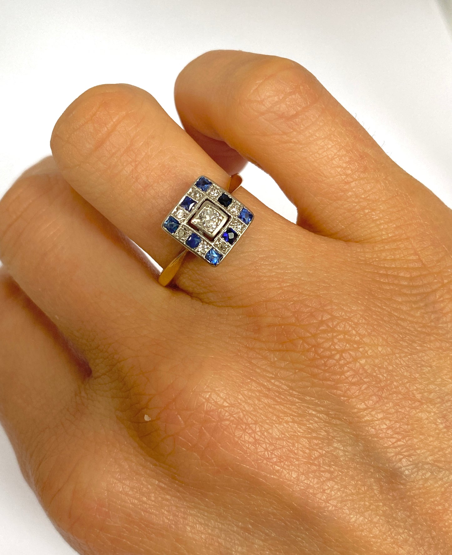 Art Deco 18ct Gold, Sapphire & Diamond Square Checkerboard Ring