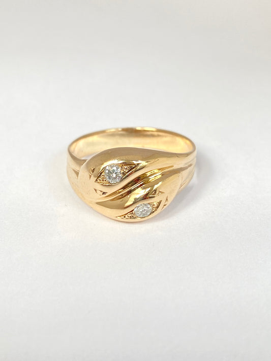 9ct Gold Vintage 9ct Gold, Double Diamond Double Snake Ring, Hallmarked London, 1960