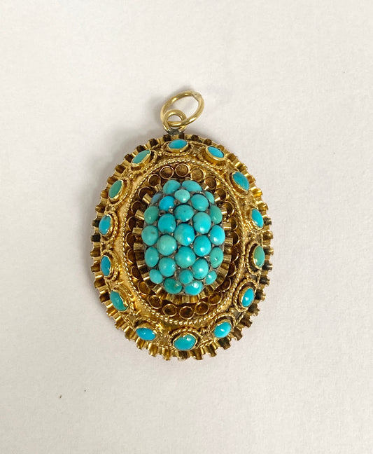 Antique, 15ct Gold, Etruscan Revival Turquoise Locket backed Pendant