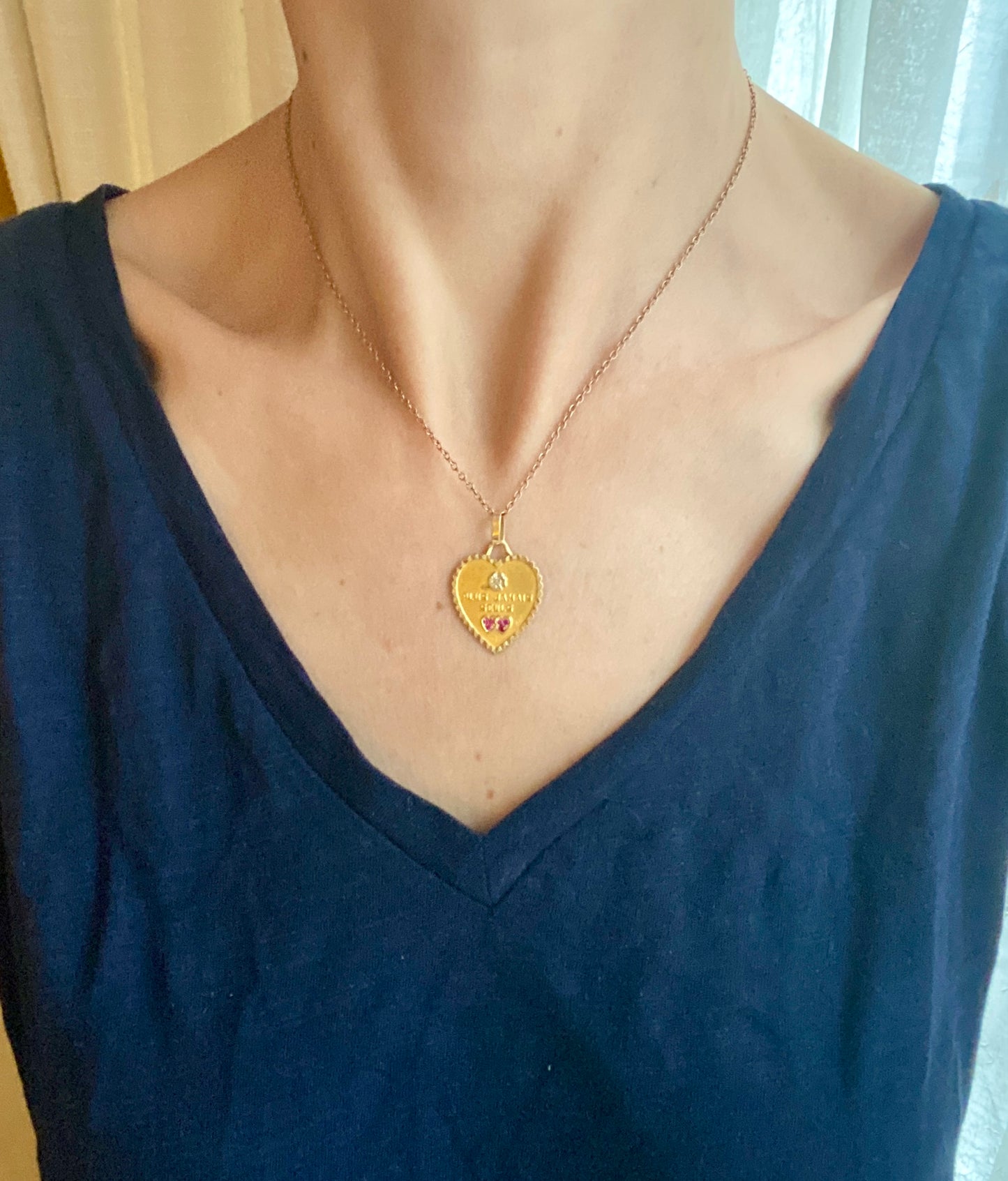 FINAL PAYMENT KATLIN French, Vintage, 18ct Gold, Diamond and Ruby French Love Pendant, 'Plus Jamais Seuls' (Never alone again)