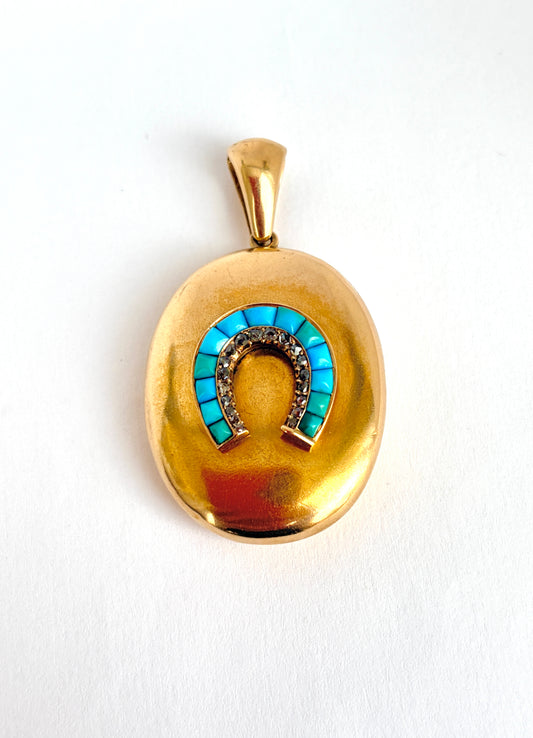 15ct Gold, Victorian Turquoise and Rose cut diamond Horse Shoe Locket back Pendant, 17.23g.
