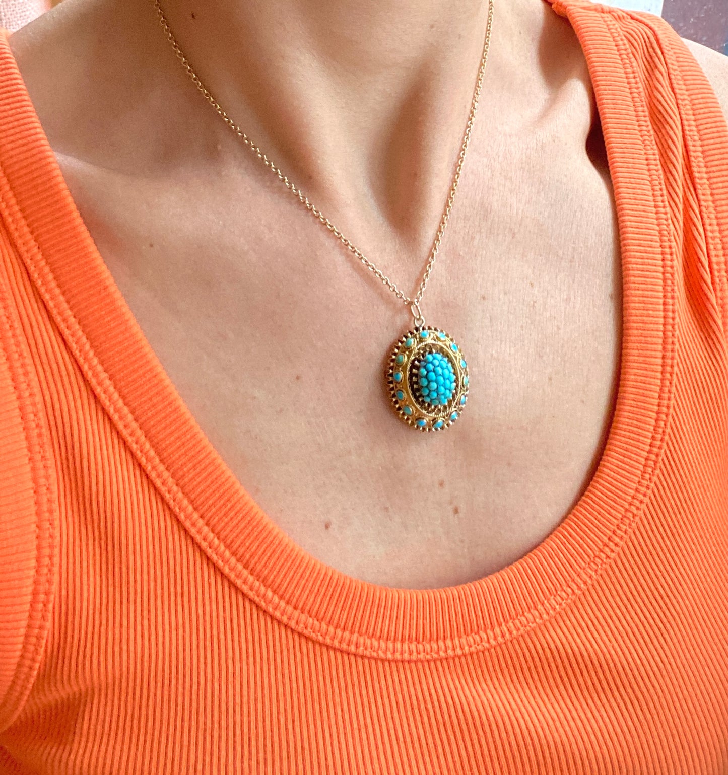 Antique, 15ct Gold, Etruscan Revival Turquoise Locket backed Pendant