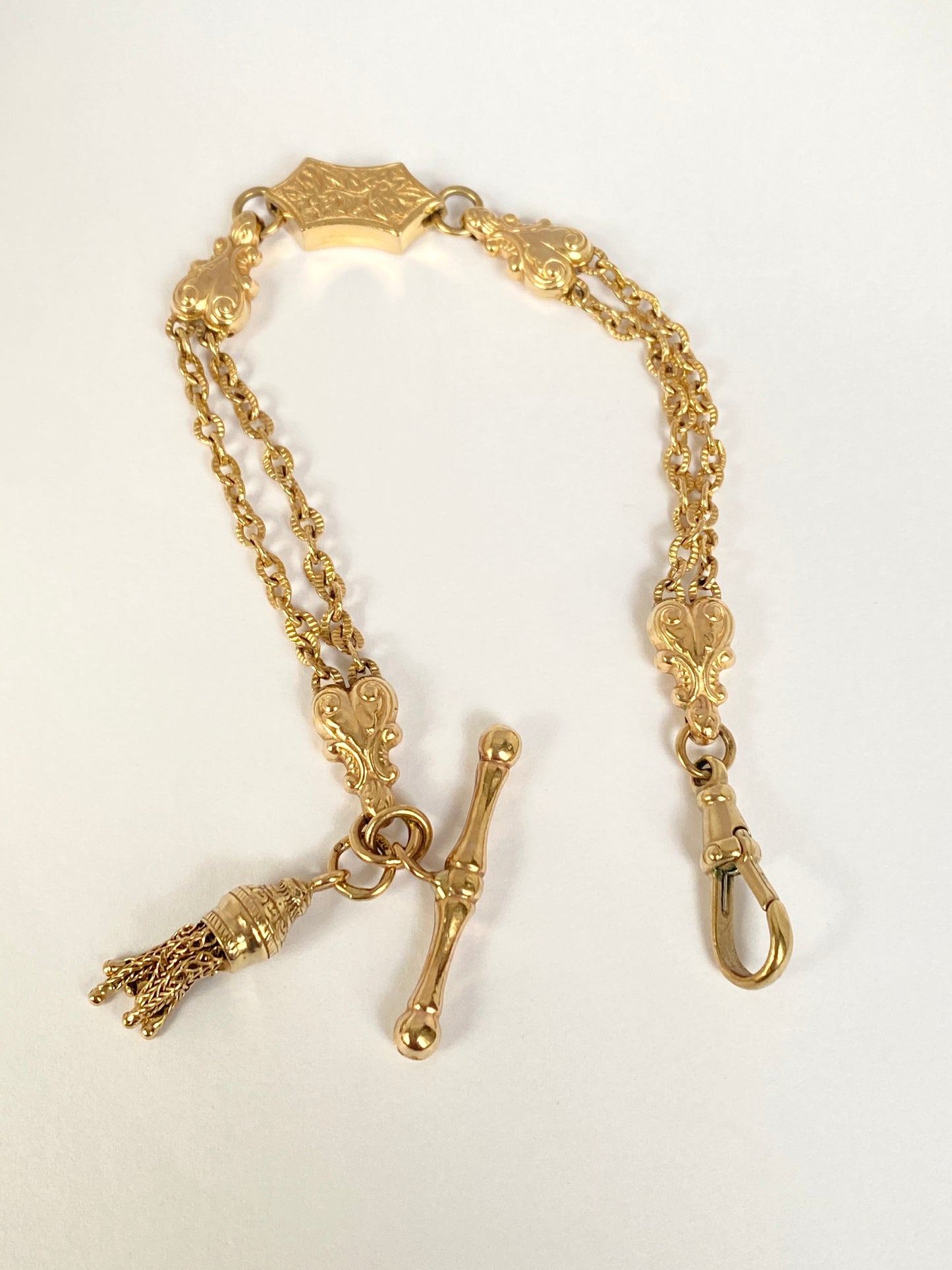 Rare, Antique, 9ct Gold Albertina Bracelet with Dog Clip and Tassel Charm, 14.74g