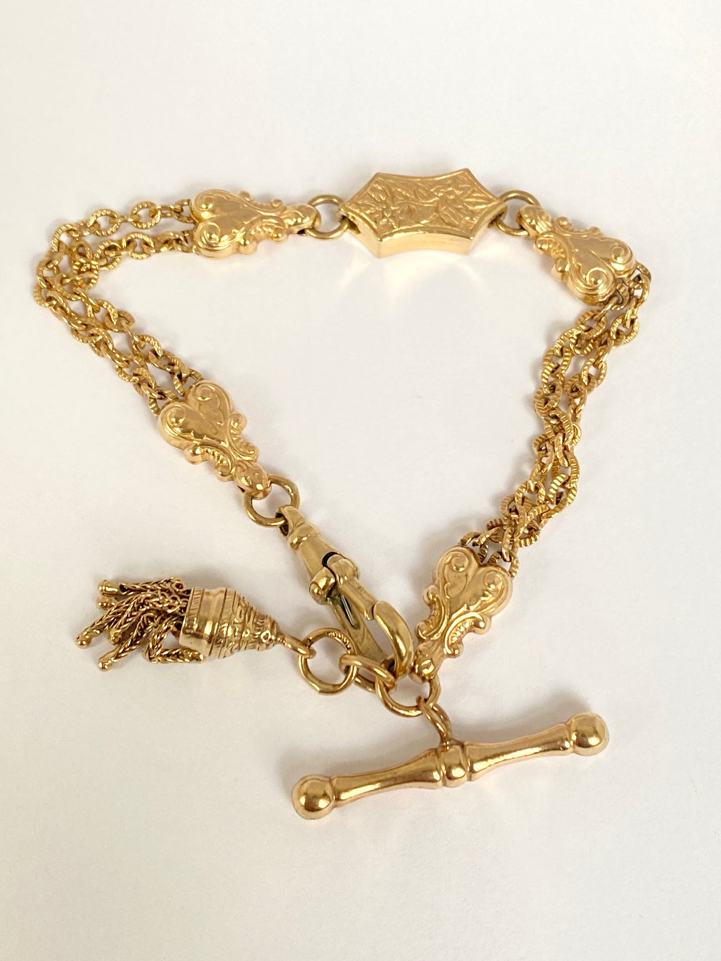 Rare, Antique, 9ct Gold Albertina Bracelet with Dog Clip and Tassel Charm, 14.74g