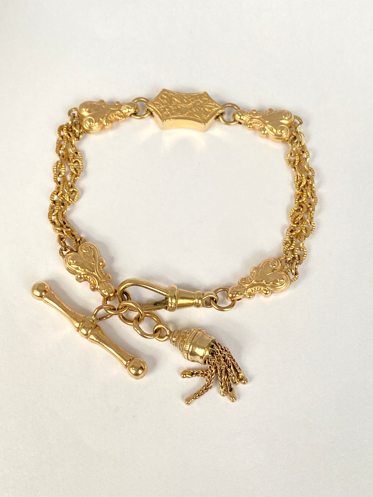 Rare, Antique, 9ct Gold Albertina Bracelet with Dog Clip and Tassel Charm, 14.74g