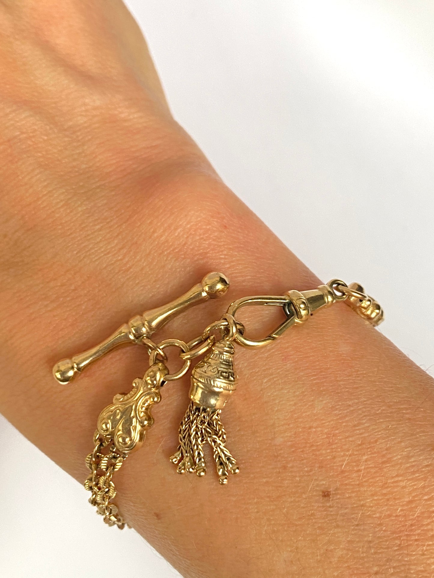 Rare, Antique, 9ct Gold Albertina Bracelet with Dog Clip and Tassel Charm, 14.74g