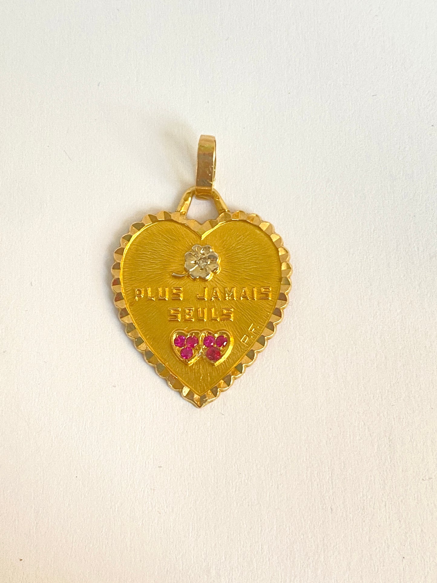FINAL PAYMENT KATLIN French, Vintage, 18ct Gold, Diamond and Ruby French Love Pendant, 'Plus Jamais Seuls' (Never alone again)