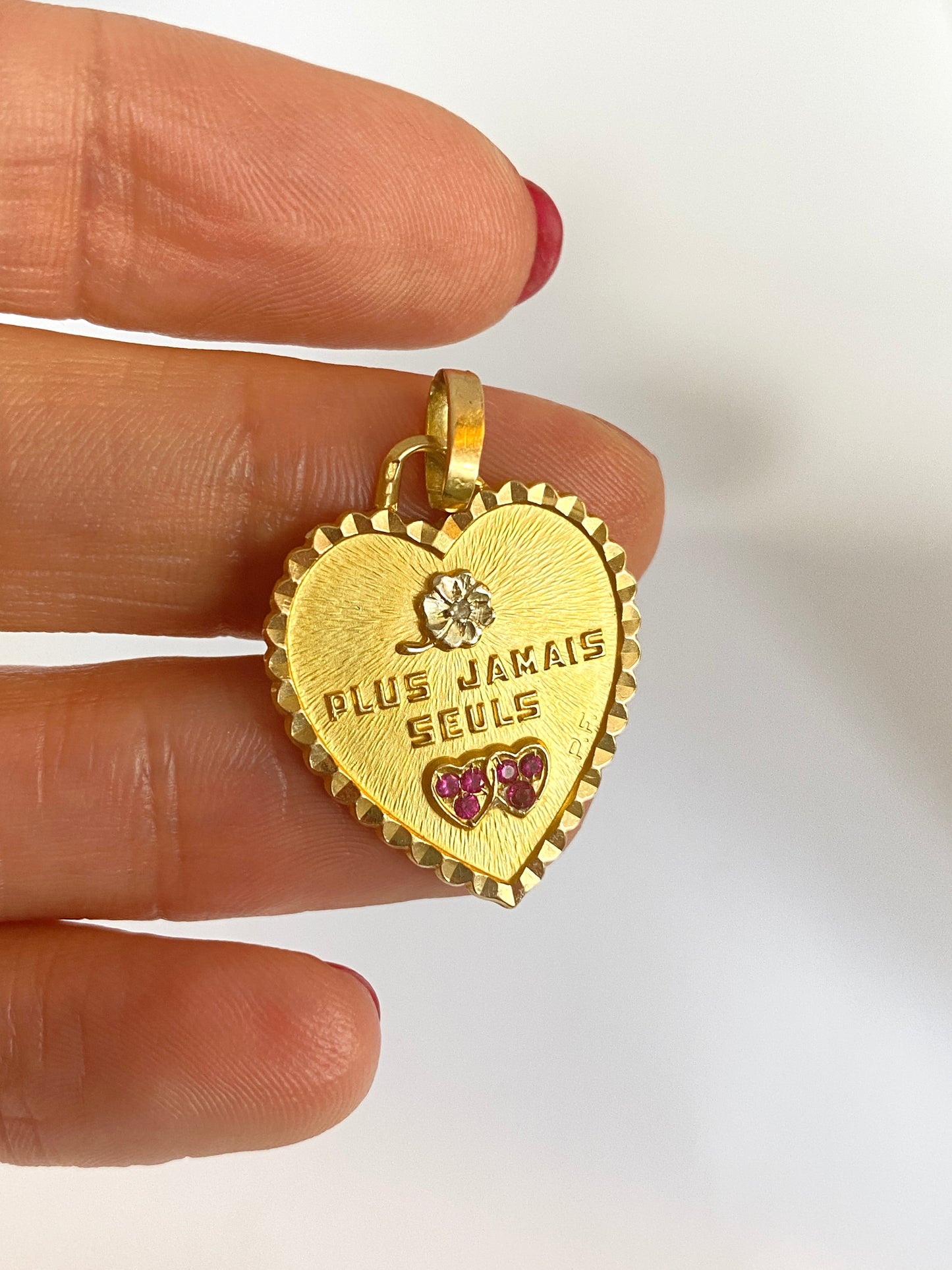 FINAL PAYMENT KATLIN French, Vintage, 18ct Gold, Diamond and Ruby French Love Pendant, 'Plus Jamais Seuls' (Never alone again)