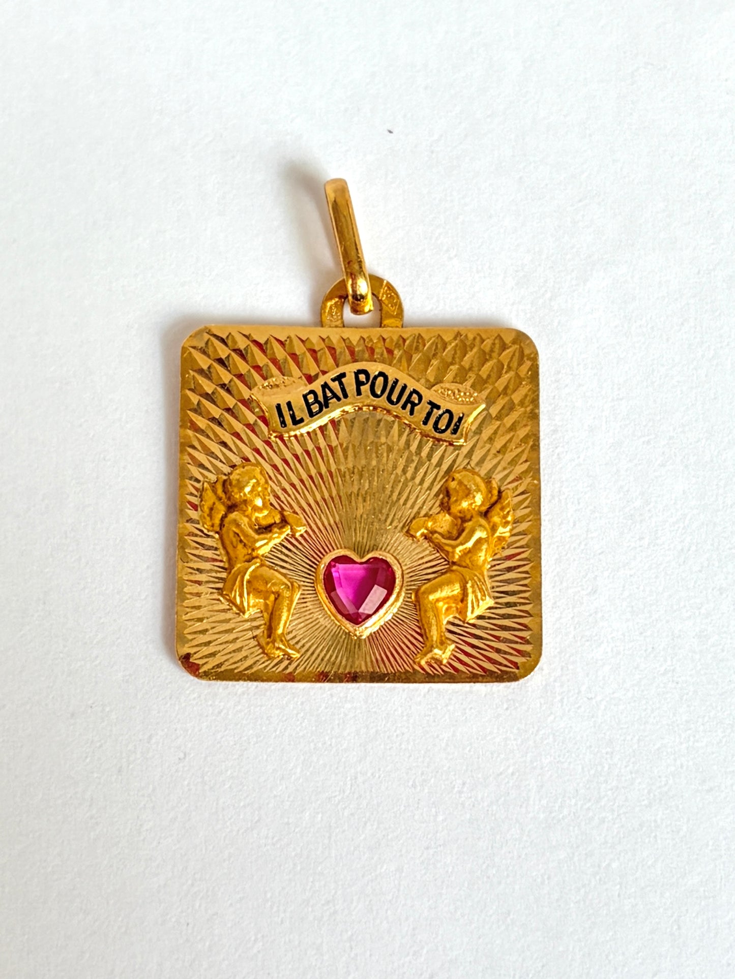 Vintage, 18ct Gold, Ruby French Love Pendant, 'My heart beats for you'