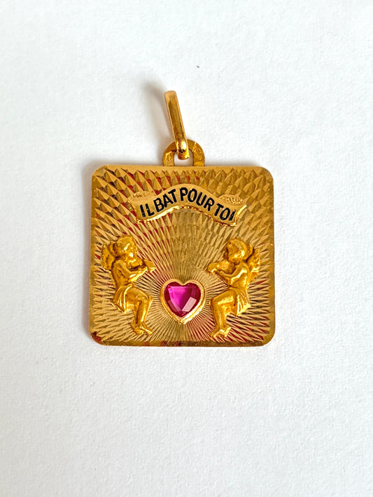 Vintage, 18ct Gold, Ruby French Love Pendant, 'My heart beats for you'