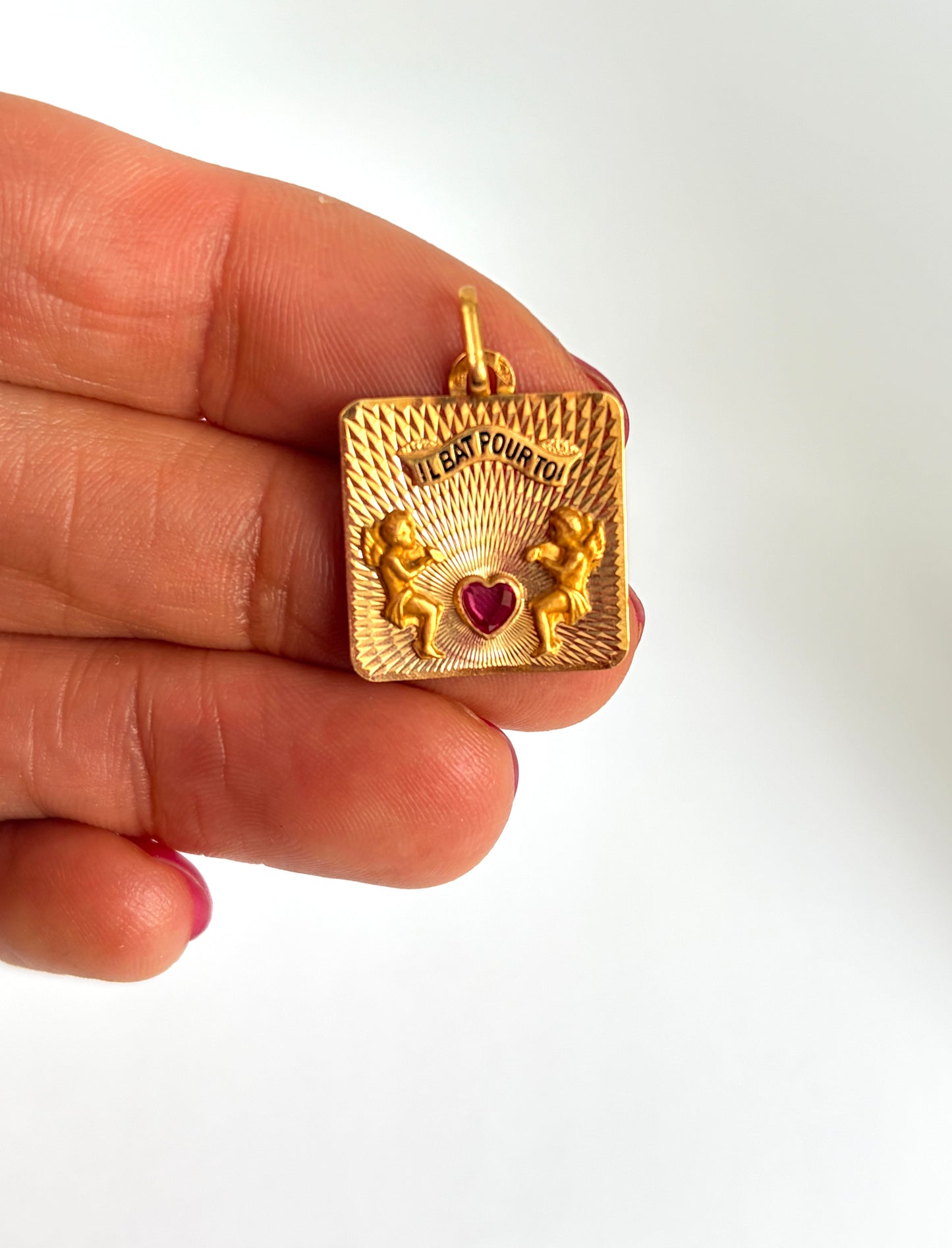 Vintage, 18ct Gold, Ruby French Love Pendant, 'My heart beats for you'