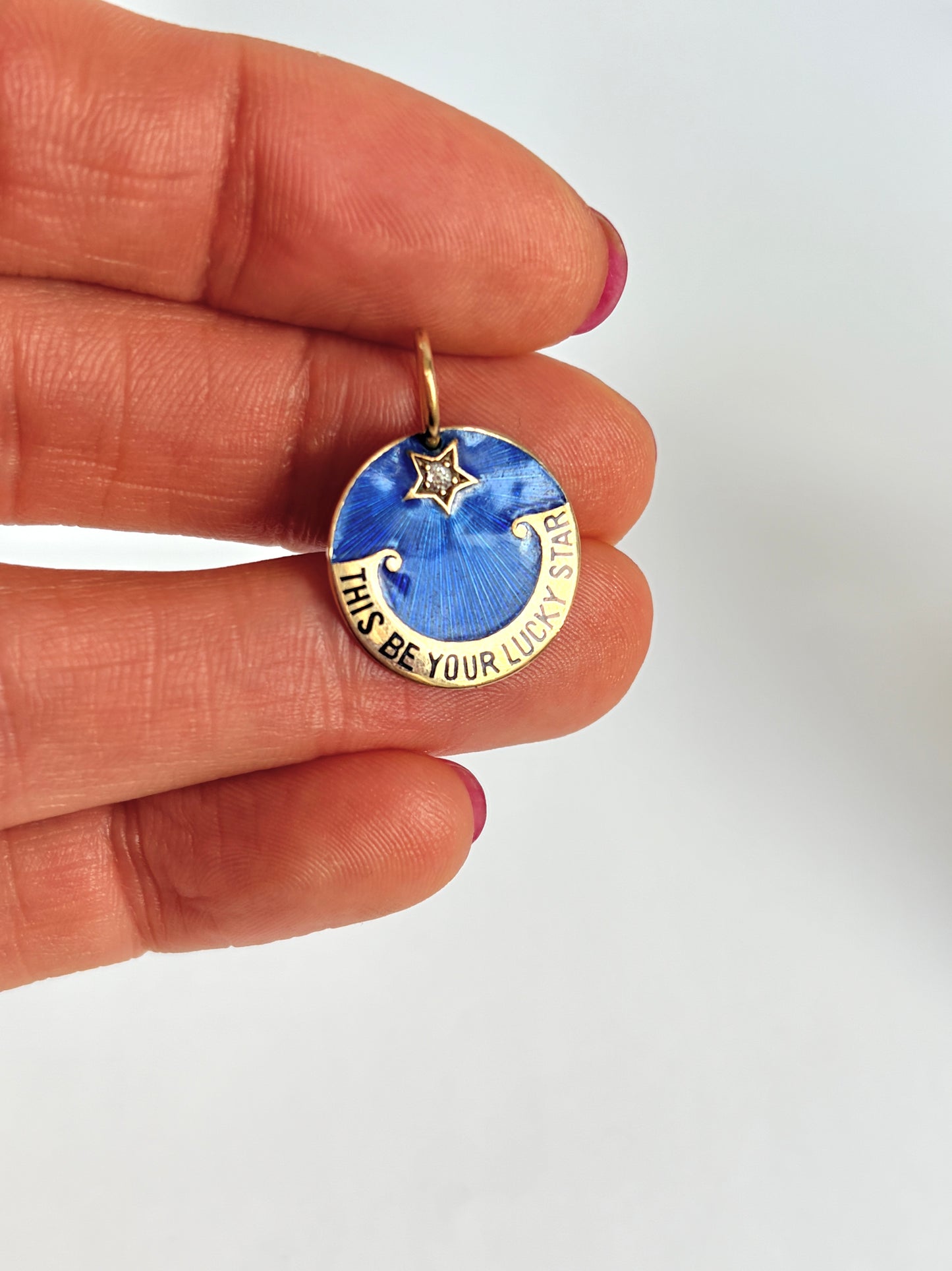 Rare, Antique English, 18ct Gold,  Enamel and Old Cut Diamond,  'This be your Lucky Star' Charm / Pendant