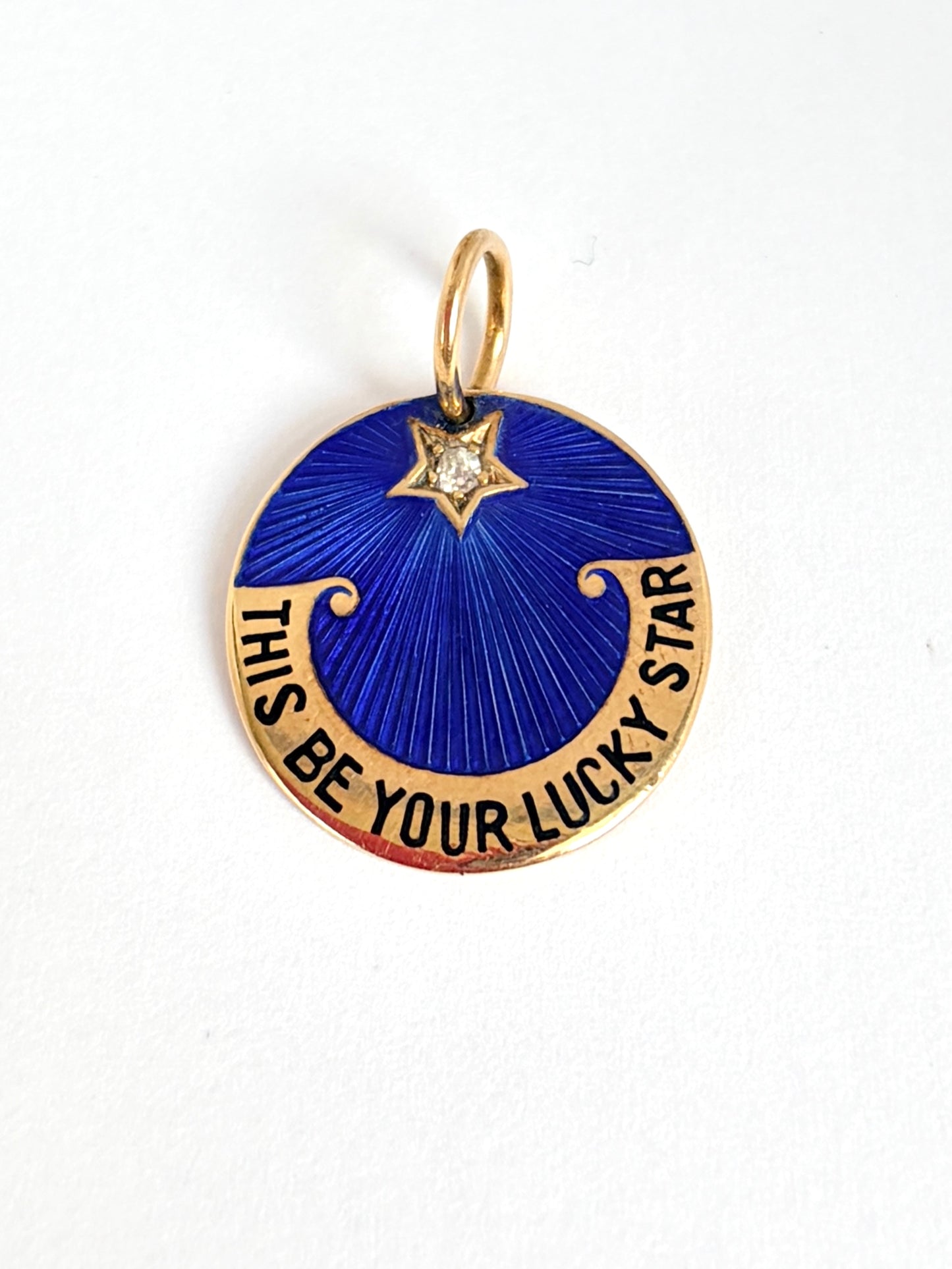 Rare, Antique English, 18ct Gold,  Enamel and Old Cut Diamond,  'This be your Lucky Star' Charm / Pendant
