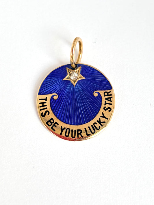 Rare, Antique English, 18ct Gold,  Enamel and Old Cut Diamond,  'This be your Lucky Star' Charm / Pendant