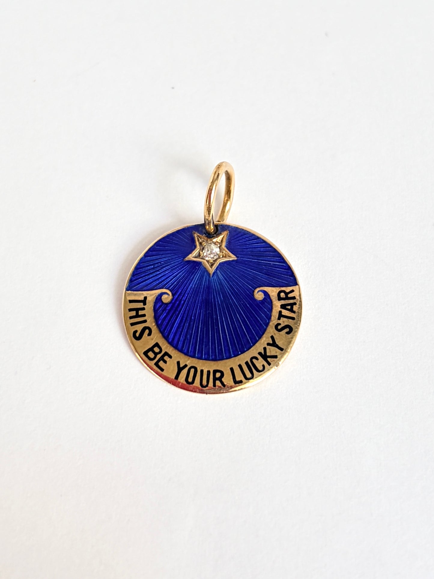 Rare, Antique English, 18ct Gold,  Enamel and Old Cut Diamond,  'This be your Lucky Star' Charm / Pendant