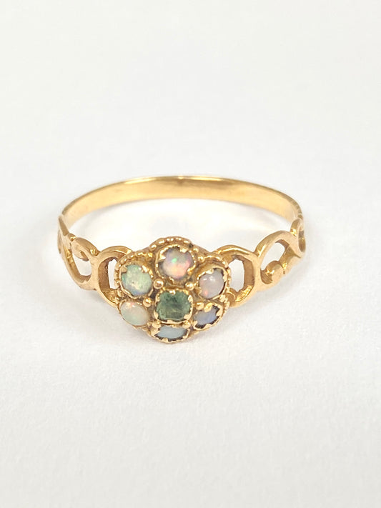 18ct Gold, Antique, Victorian Opal, Emerald Flower Ring