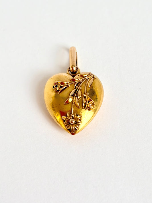 Antique, Victorian, Large 9ct Gol Puffy Heart Pendant, Hallmarked, Chester, 1897