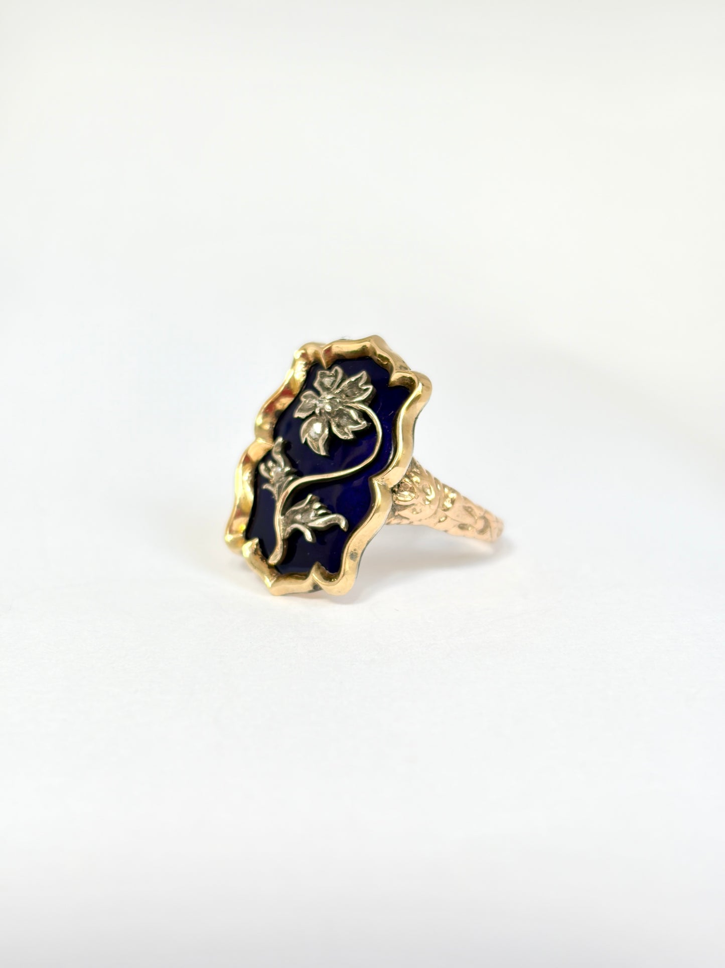Antique Early Victorian, 14ct Gold and Bristol Blue Glass Flower Ring with locket