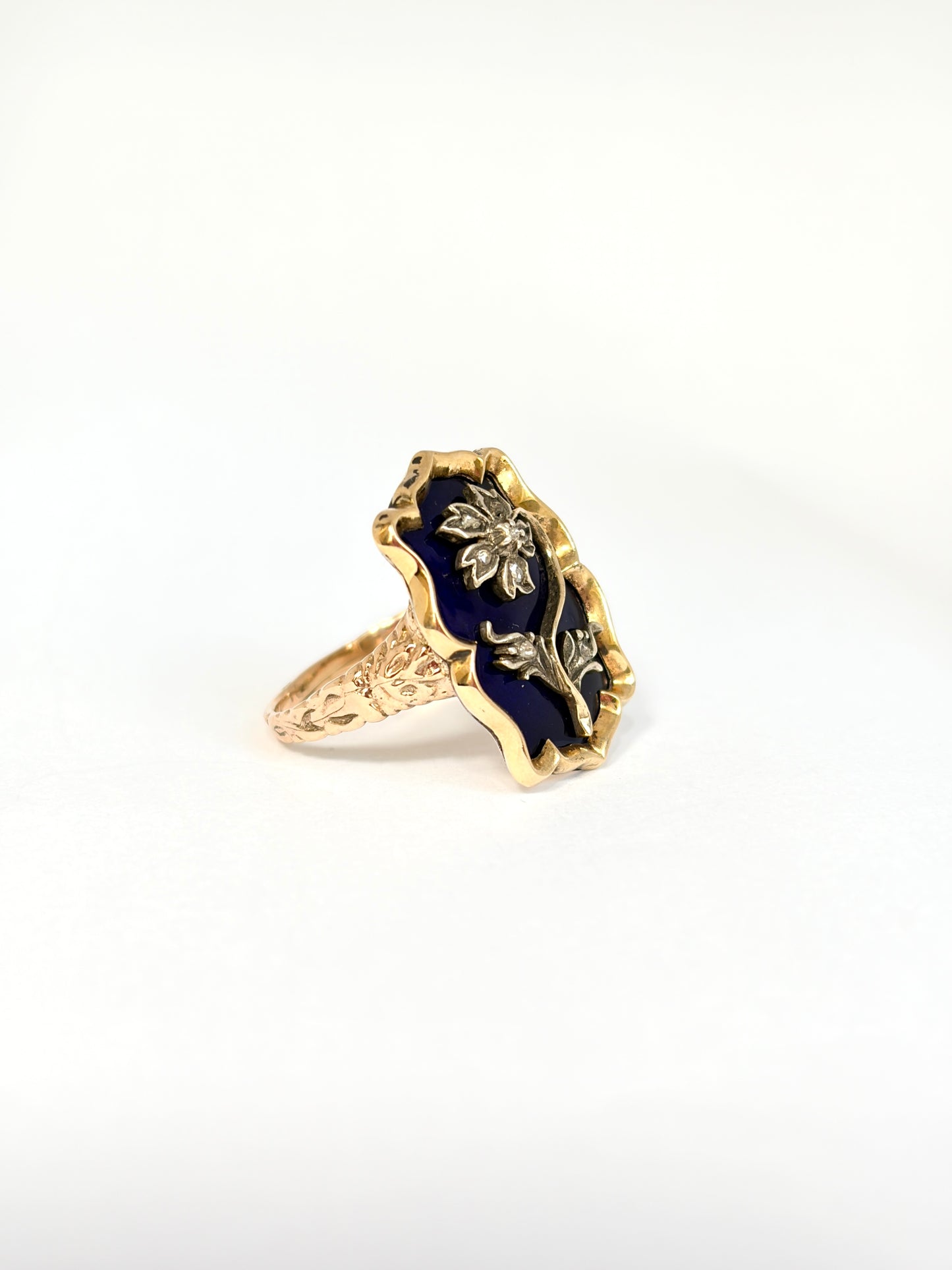 Antique Early Victorian, 14ct Gold and Bristol Blue Glass Flower Ring with locket