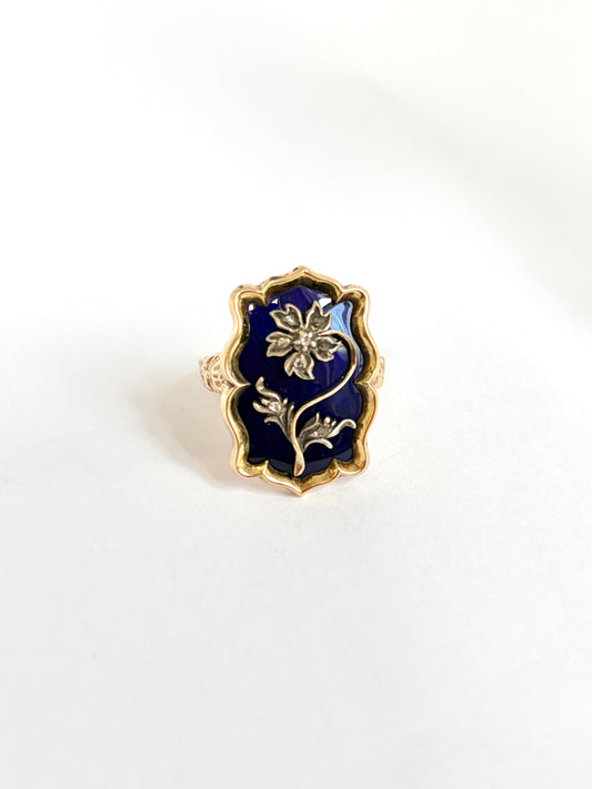 Antique Early Victorian, 14ct Gold and Bristol Blue Glass Flower Ring with locket