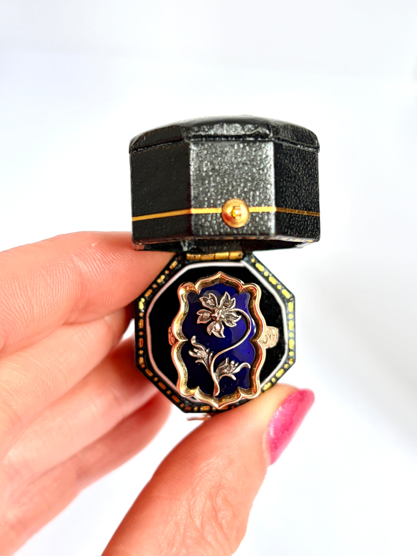 Antique Early Victorian, 14ct Gold and Bristol Blue Glass Flower Ring with locket