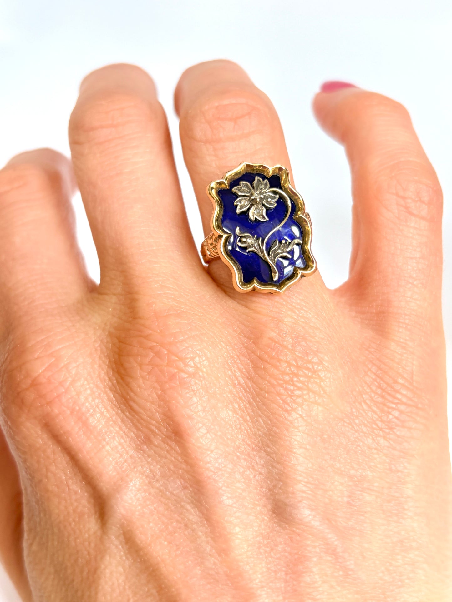 Antique Early Victorian, 14ct Gold and Bristol Blue Glass Flower Ring with locket